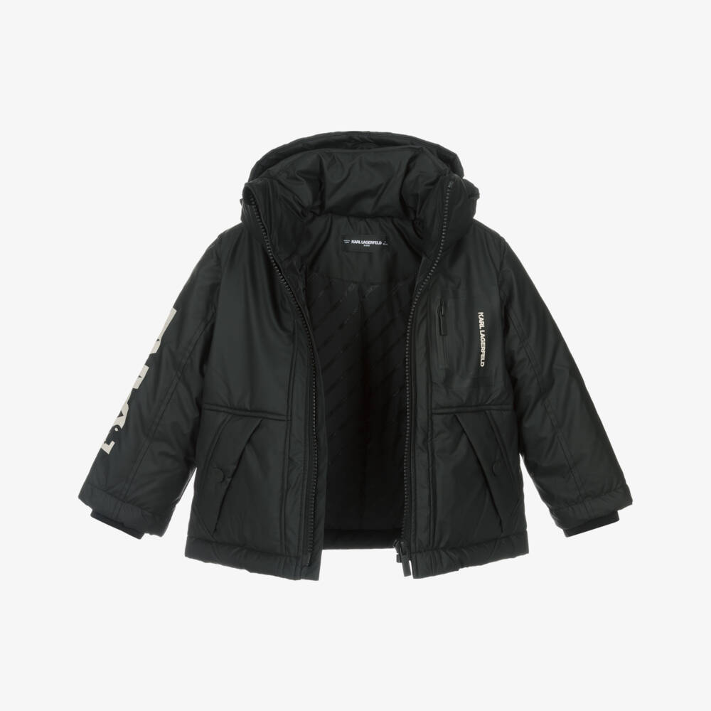 KARL LAGERFELD KIDS-جاكيت بغطاء رأس وأساور مضلعة لون أسود للأولاد | Childrensalon
