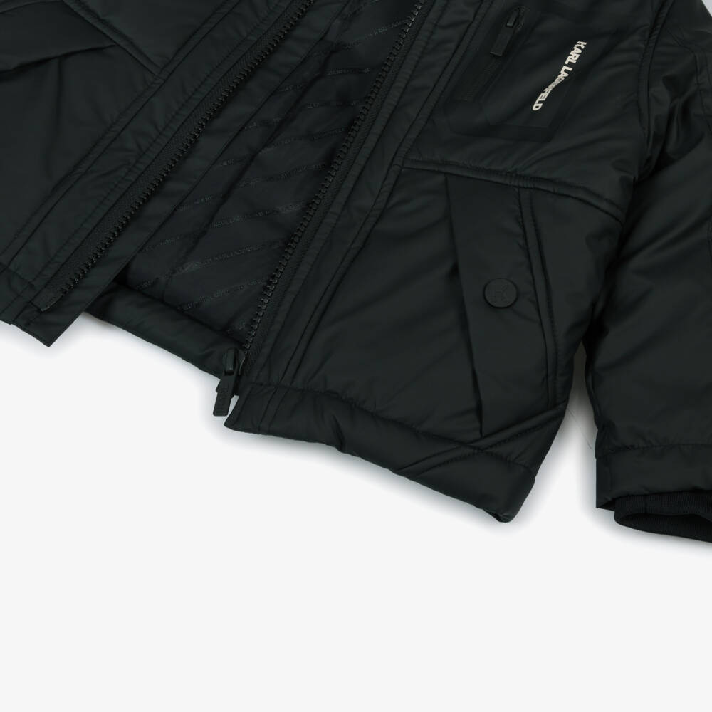 KARL LAGERFELD KIDS-جاكيت بغطاء رأس وأساور مضلعة لون أسود للأولاد | Childrensalon