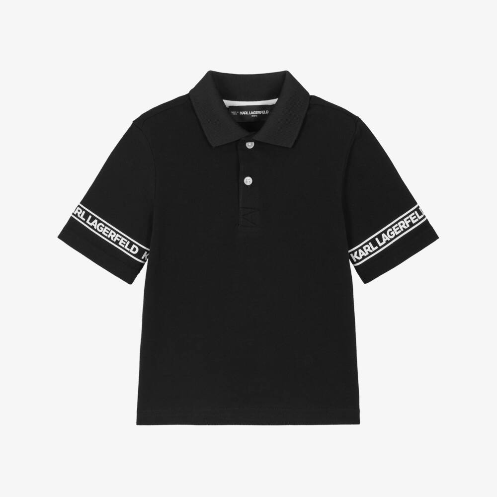 KARL LAGERFELD KIDS-Boys Black Piqué Logo Sleeve Polo Shirt | Childrensalon