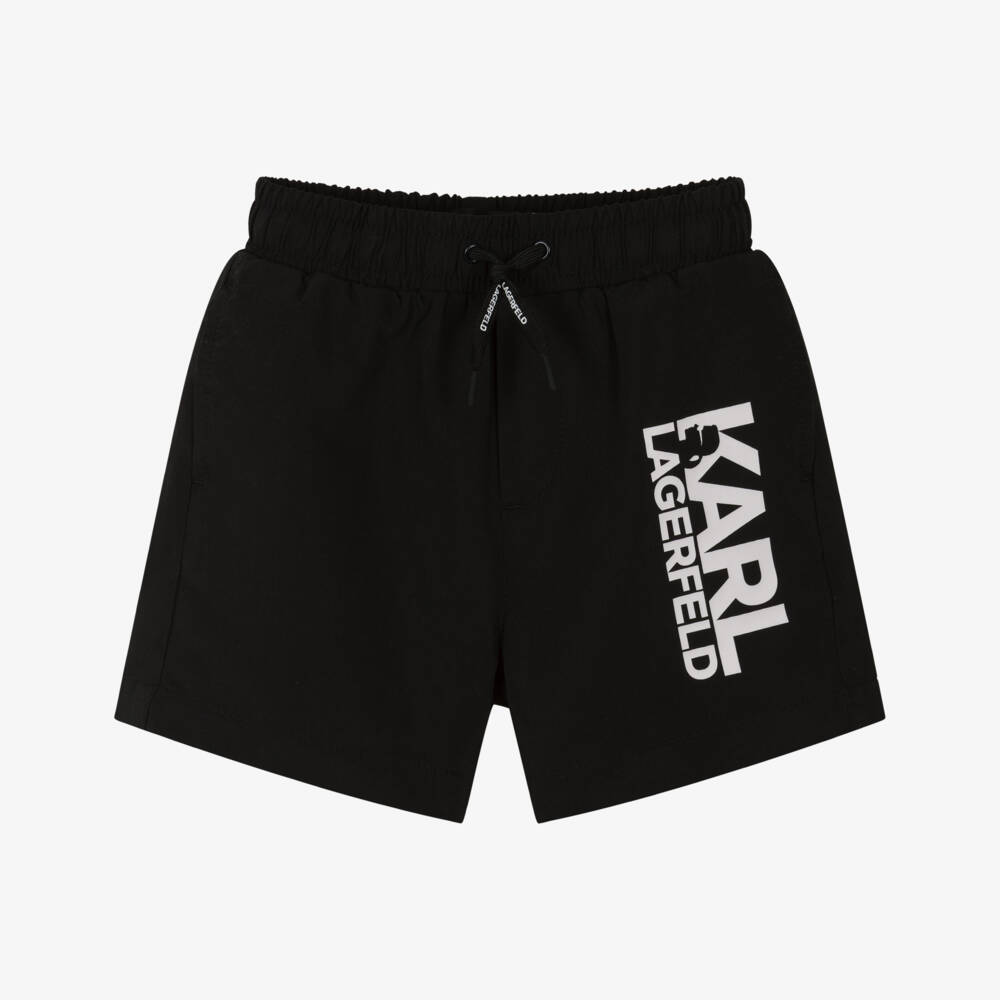 KARL LAGERFELD KIDS-Boys Black Swim Shorts with White Logo Print | Childrensalon