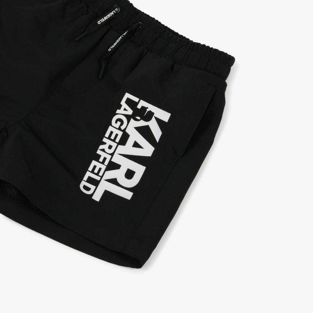 KARL LAGERFELD KIDS-Boys Black Swim Shorts with White Logo Print | Childrensalon