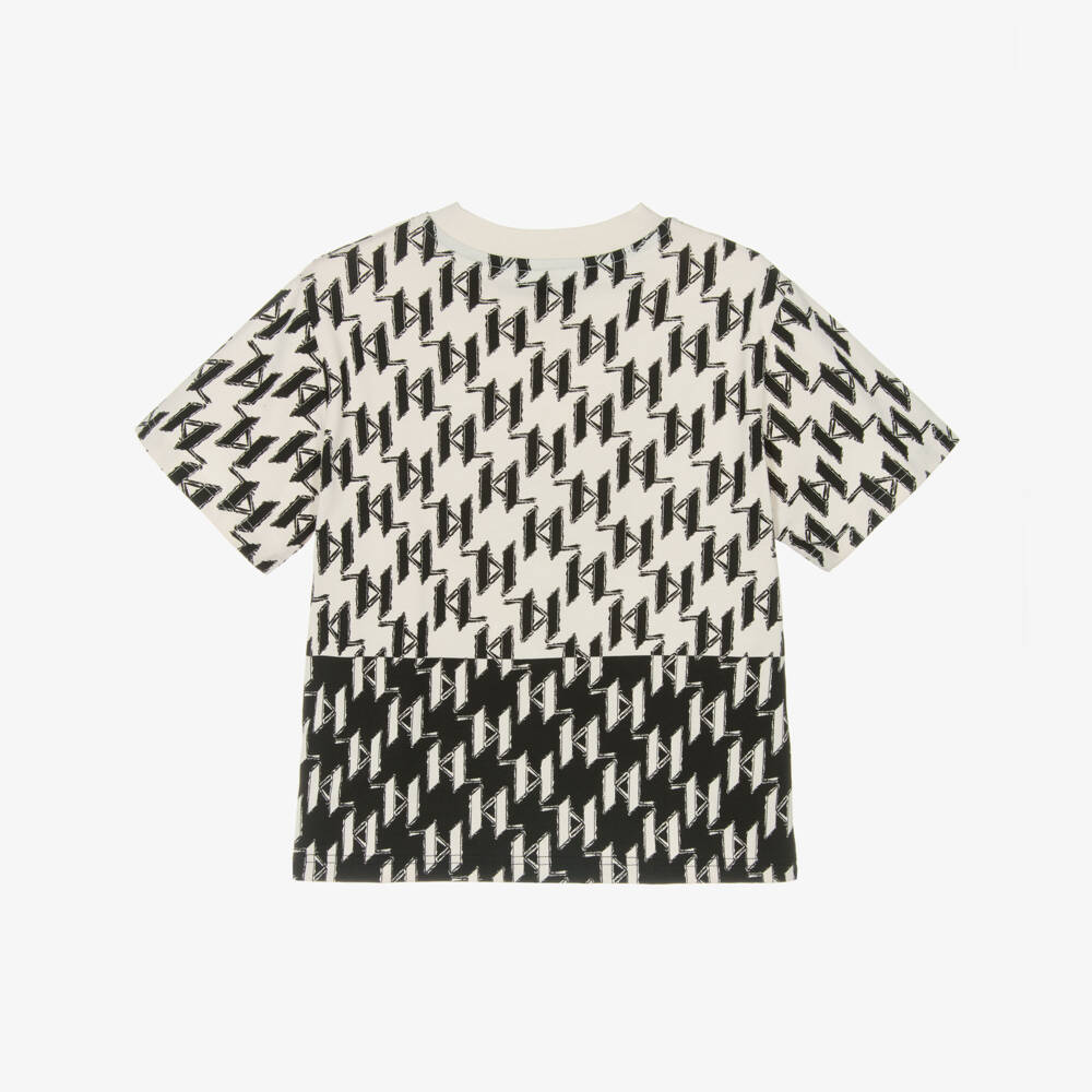 KARL LAGERFELD KIDS-Футболка кремово-черная хлопковая с монограммой для мальчиков | Childrensalon