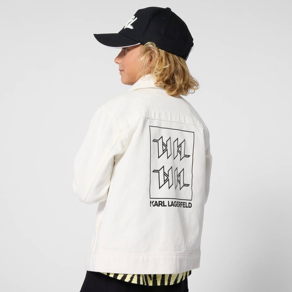 KARL LAGERFELD KIDS-Boys Ivory Denim Jacket with KL Monogram Logo | Childrensalon