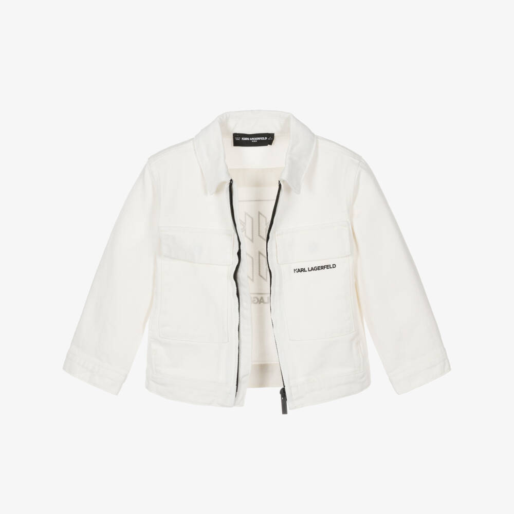 KARL LAGERFELD KIDS-Boys Ivory Denim Jacket with KL Monogram Logo | Childrensalon