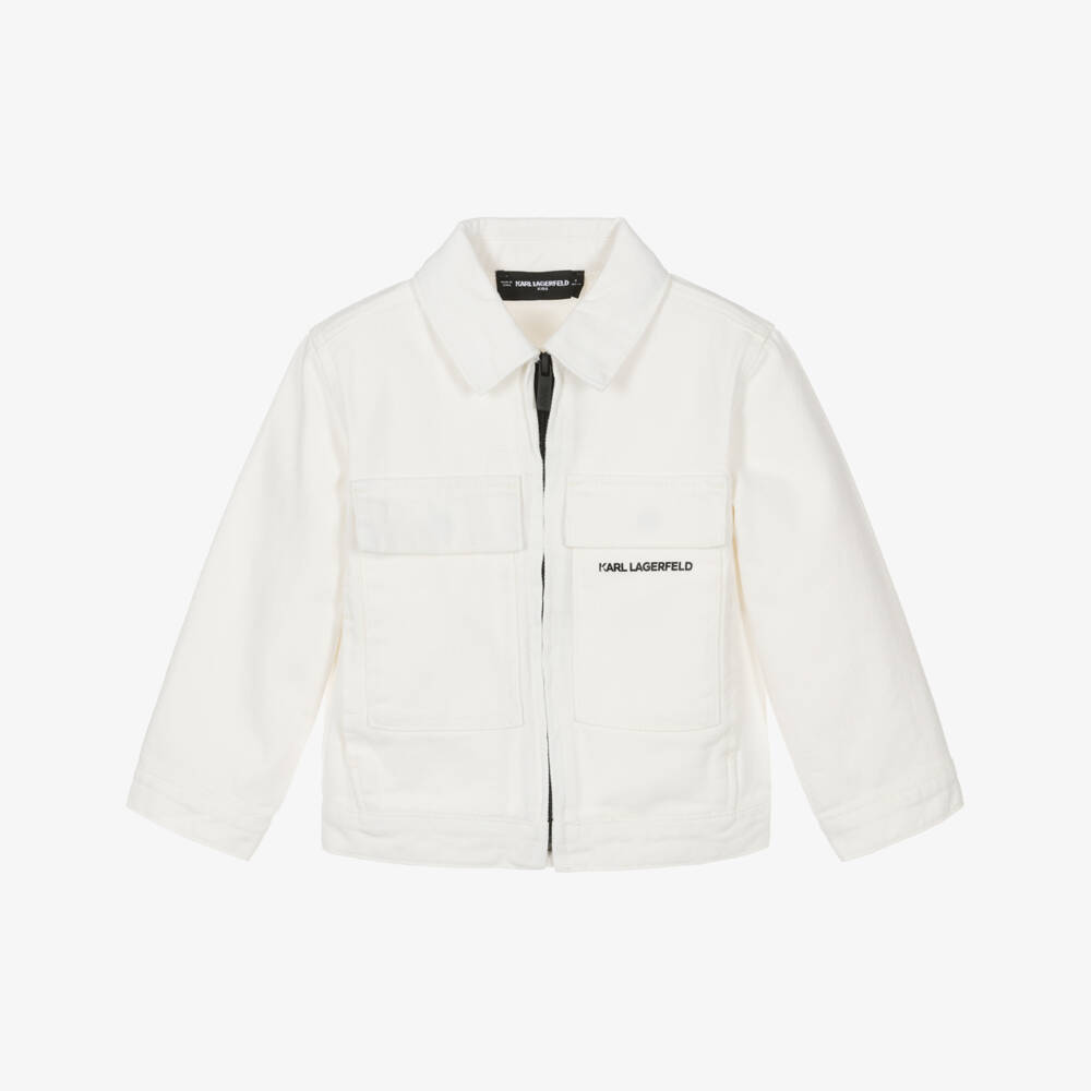 KARL LAGERFELD KIDS-Boys Ivory Denim Jacket with KL Monogram Logo | Childrensalon