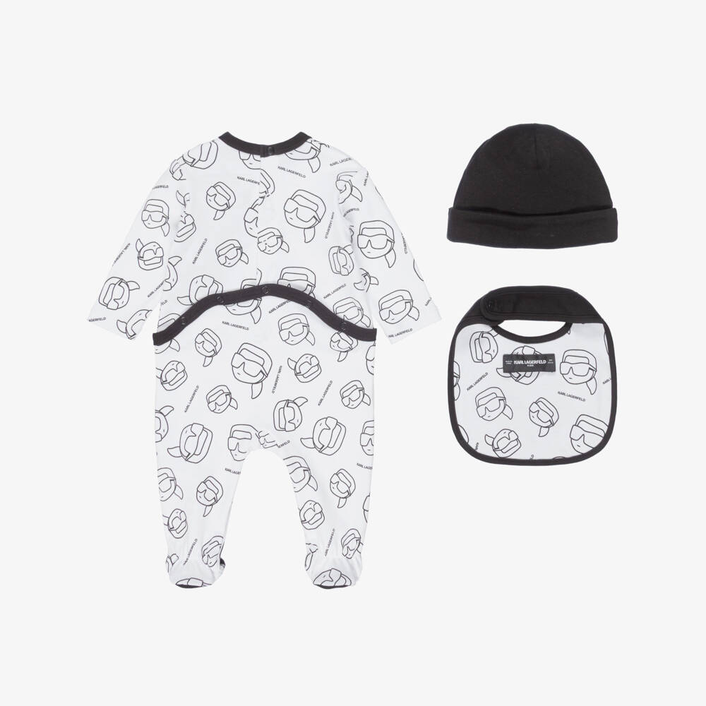 KARL LAGERFELD KIDS-Boys White & Black Cotton Karl Ikonik Babysuit Set | Childrensalon