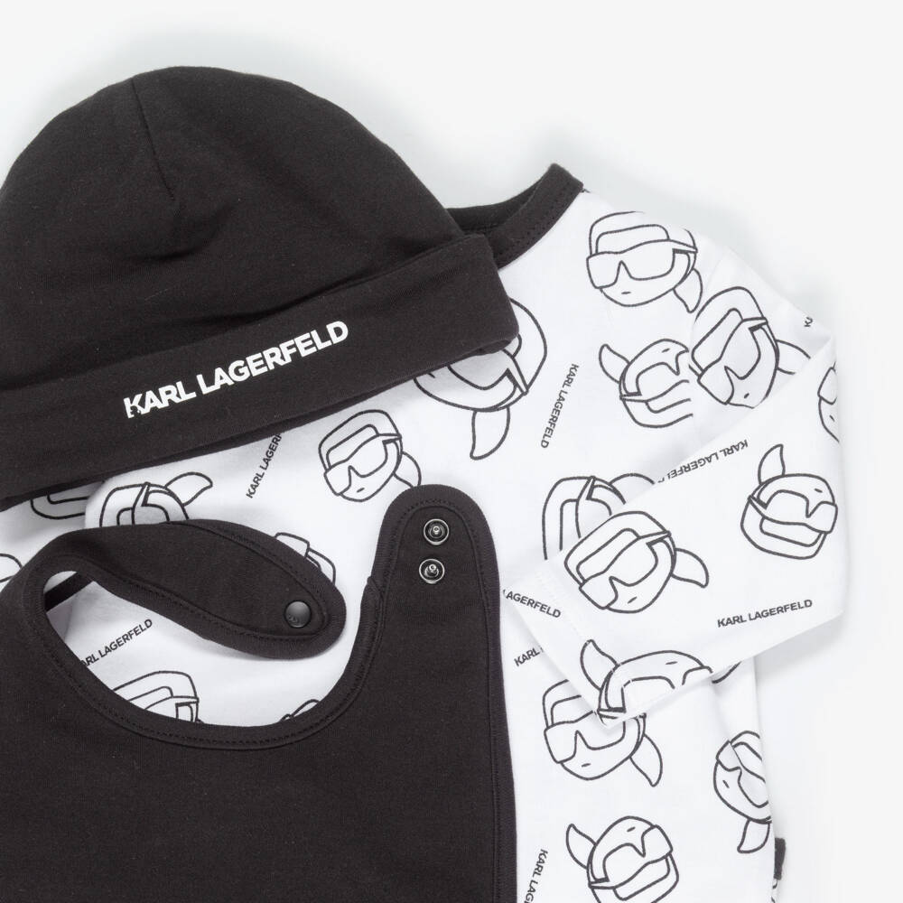 KARL LAGERFELD KIDS-Boys White & Black Cotton Karl Ikonik Babysuit Set | Childrensalon