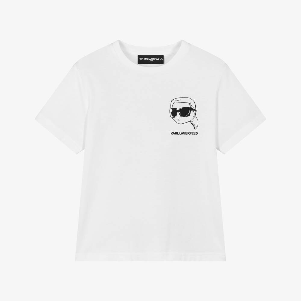 KARL LAGERFELD KIDS-Boys White Cotton T-Shirt with Black New Ikons Print | Childrensalon