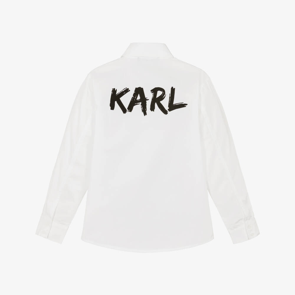 KARL LAGERFELD KIDS-Boys White Poplin Shirt with Black Karl Logo | Childrensalon