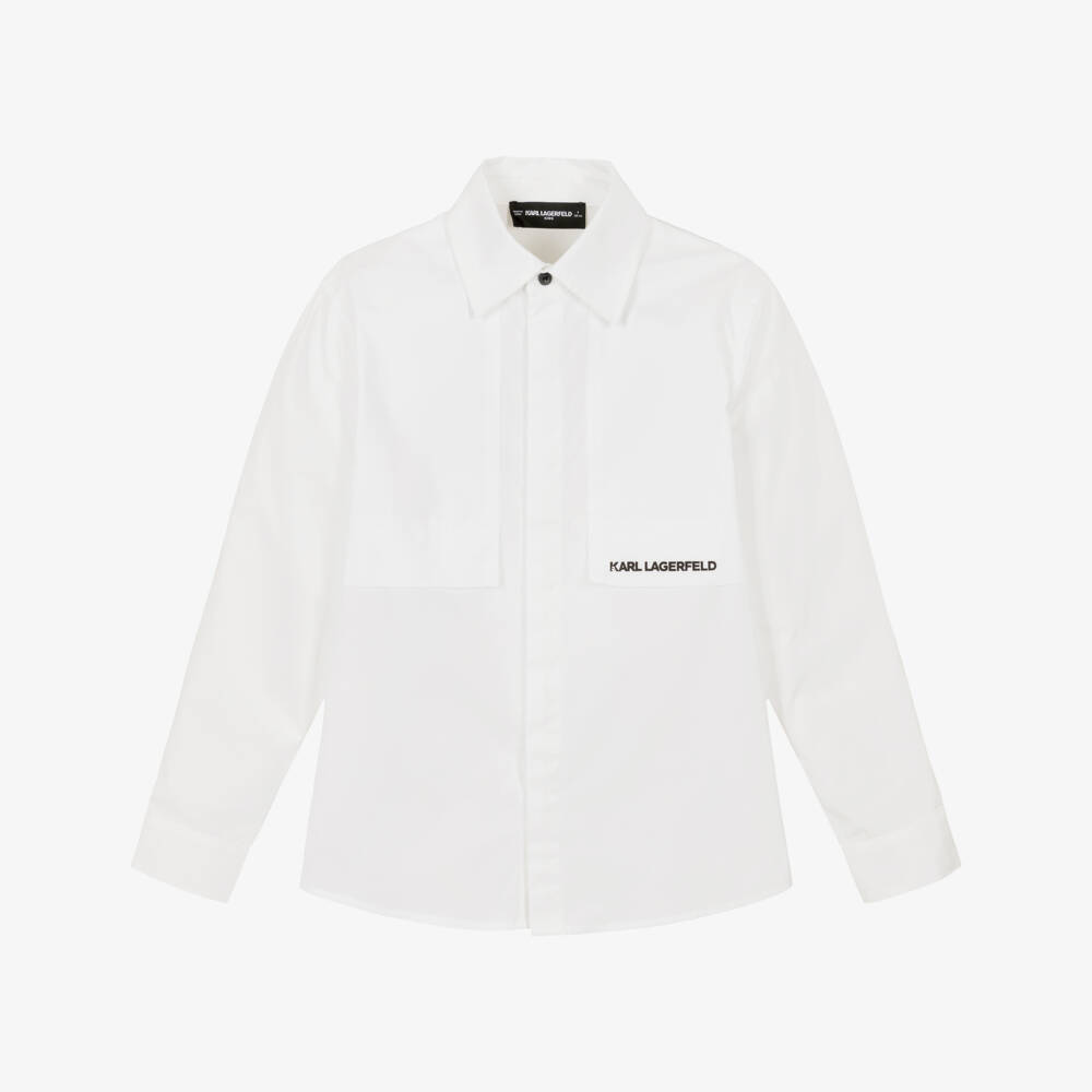 KARL LAGERFELD KIDS-Boys White Poplin Shirt with Black Karl Logo  | Childrensalon