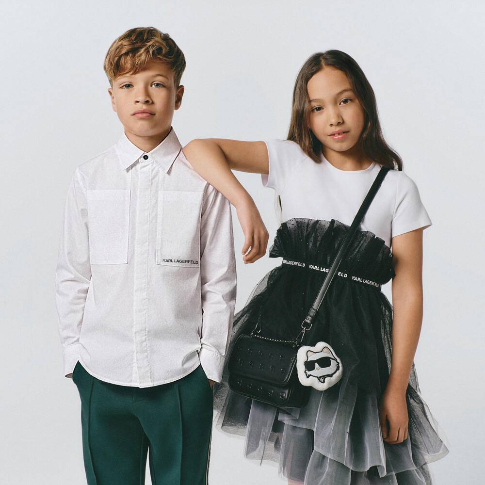 KARL LAGERFELD KIDS-Boys White Poplin Shirt with Black Karl Logo | Childrensalon