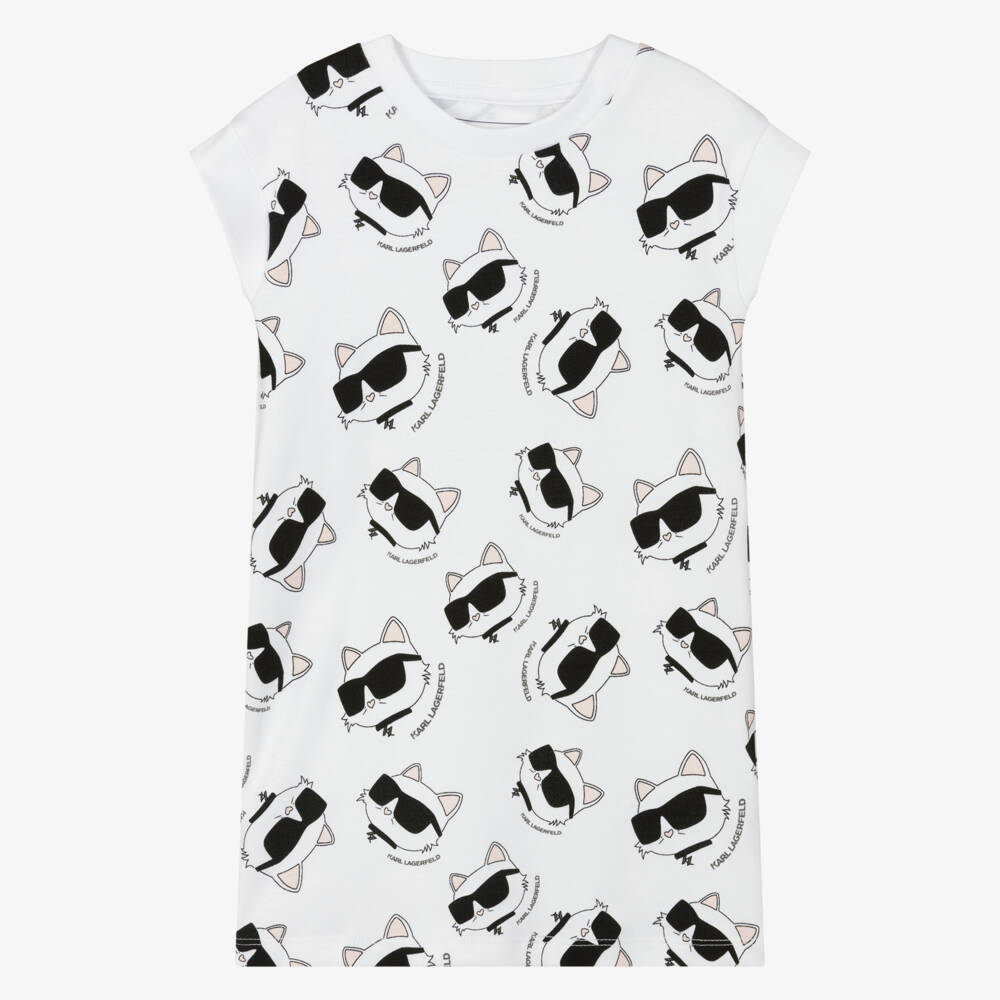 KARL LAGERFELD KIDS-Girl White Choupette Print Cotton Jersey Dress | Childrensalon