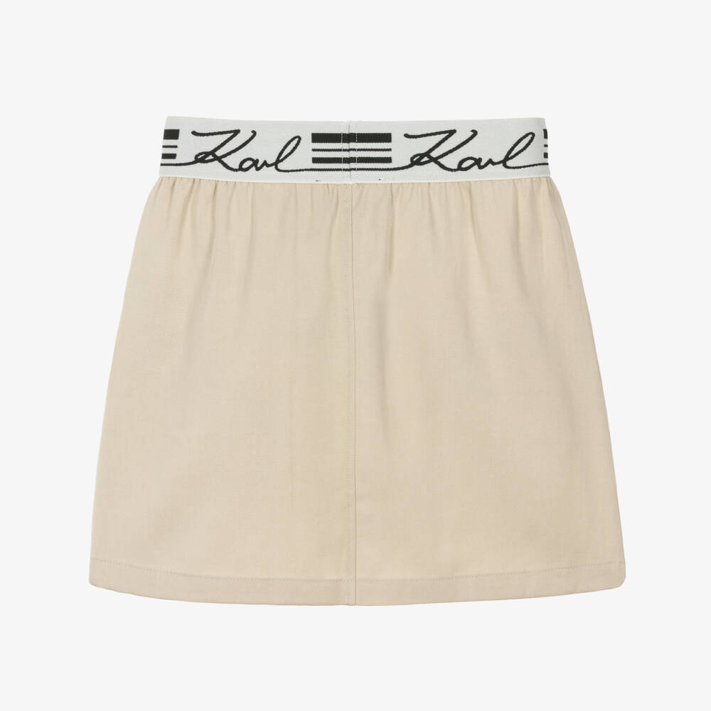 KARL LAGERFELD KIDS-Girls Beige Twill Skirt with Logo Waistband | Childrensalon