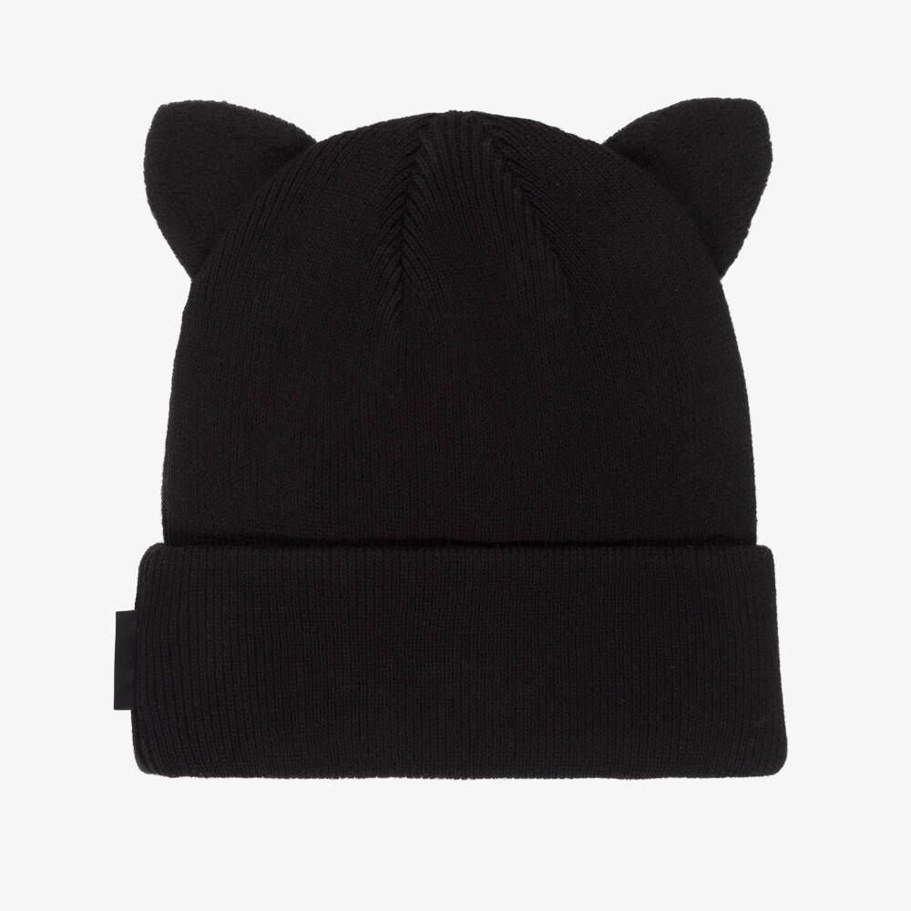 KARL LAGERFELD KIDS-Girls Black Cotton Knit Beanie with Cat Ears | Childrensalon