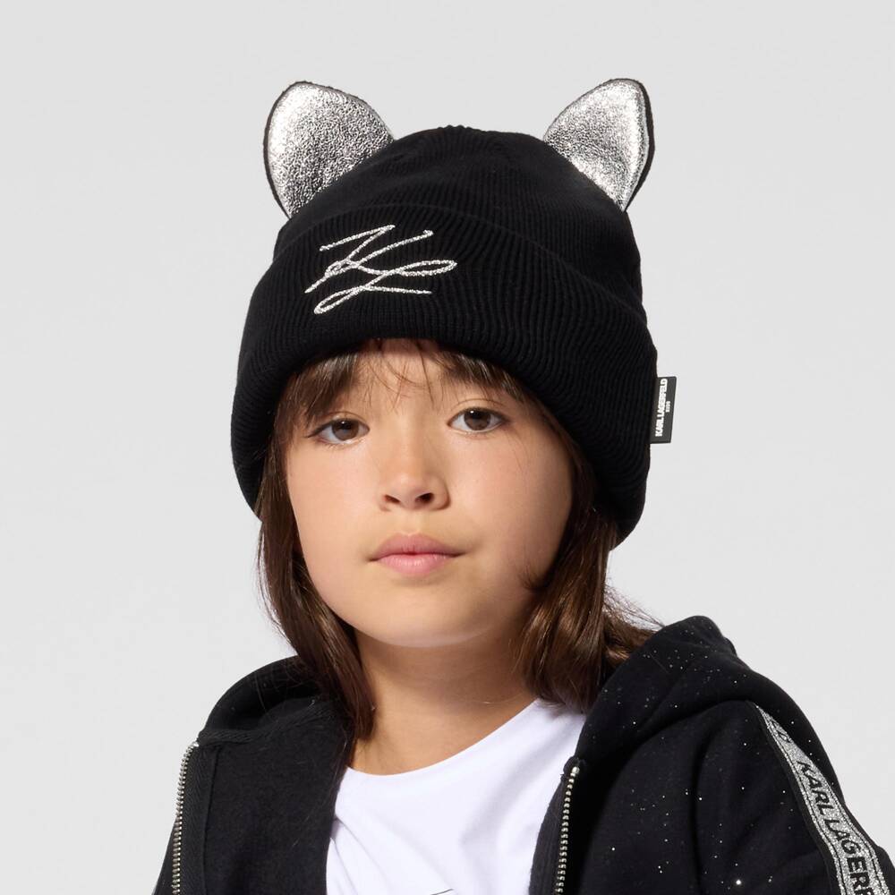 KARL LAGERFELD KIDS-Girls Black Cotton Knit Beanie with Cat Ears | Childrensalon