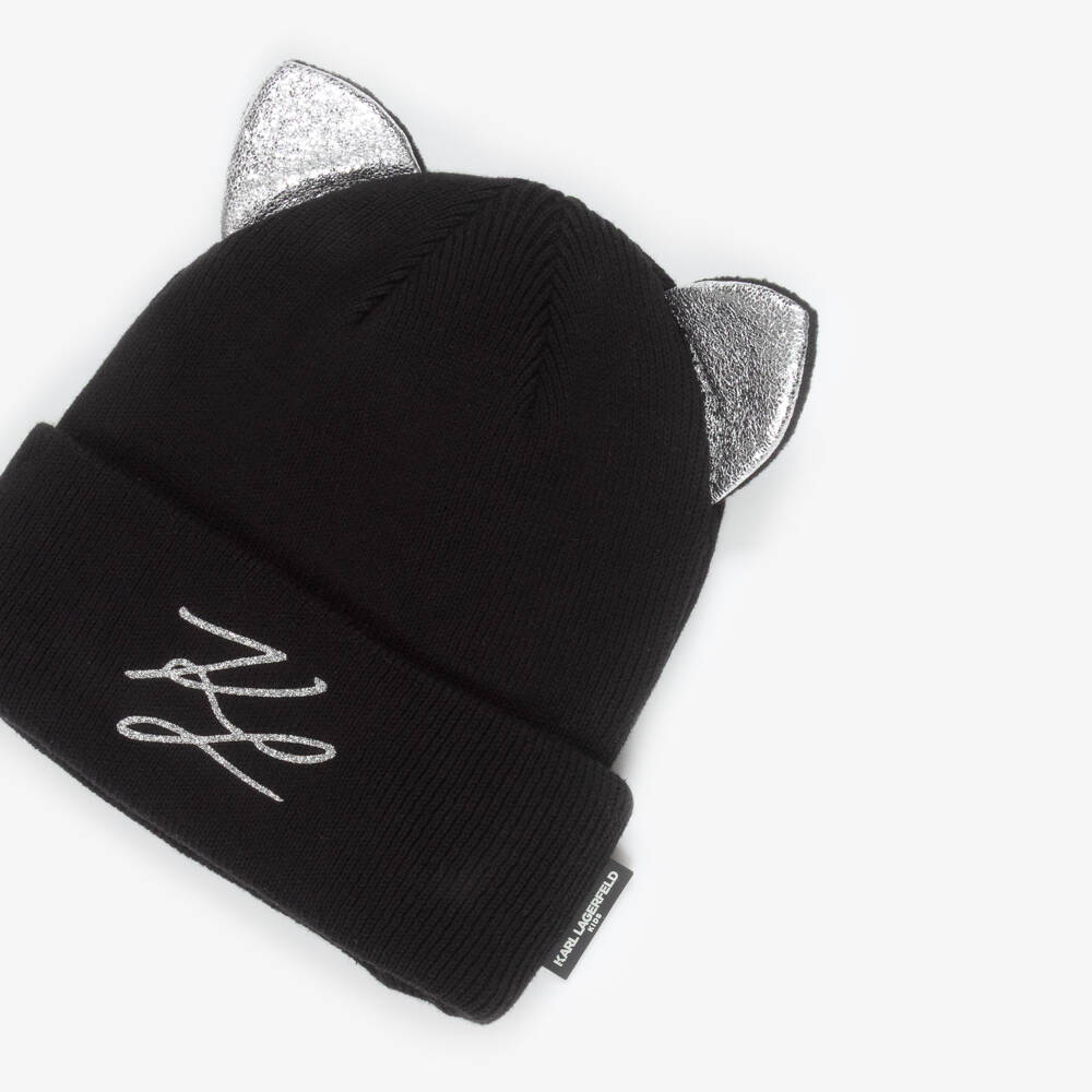 KARL LAGERFELD KIDS-Girls Black Cotton Knit Beanie with Cat Ears | Childrensalon