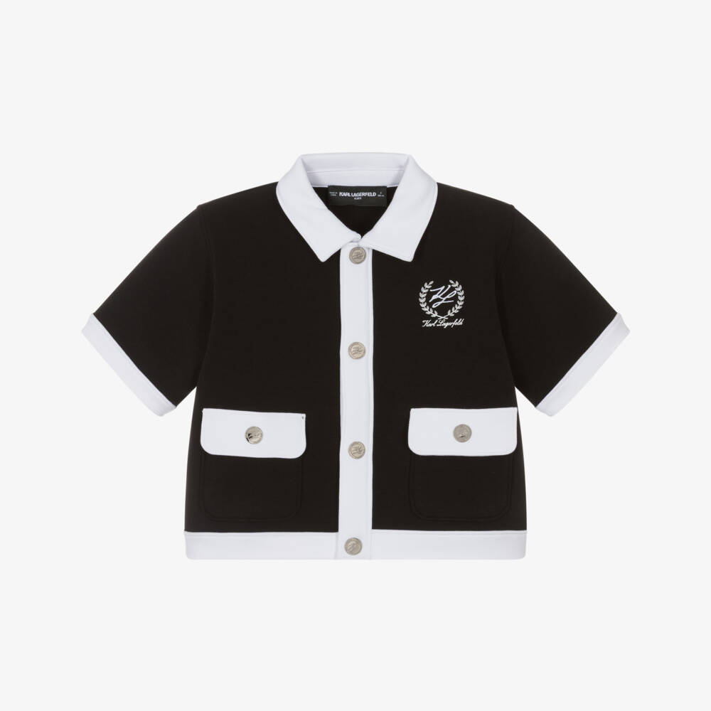KARL LAGERFELD KIDS-Girls Black Double Jersey Jacket with Contrast White Trim | Childrensalon