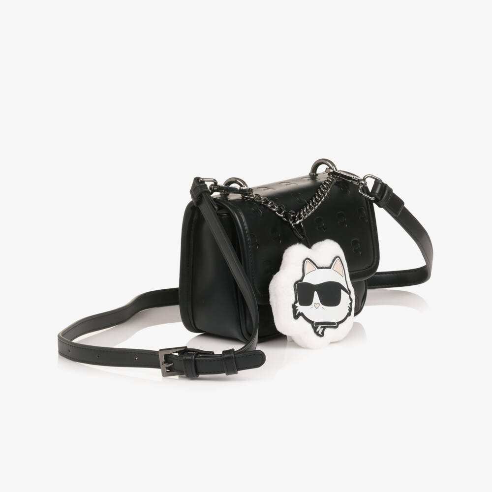 KARL LAGERFELD KIDS-Girls Black Faux Leather Handbag with Embossed Logos (19cm) | Childrensalon