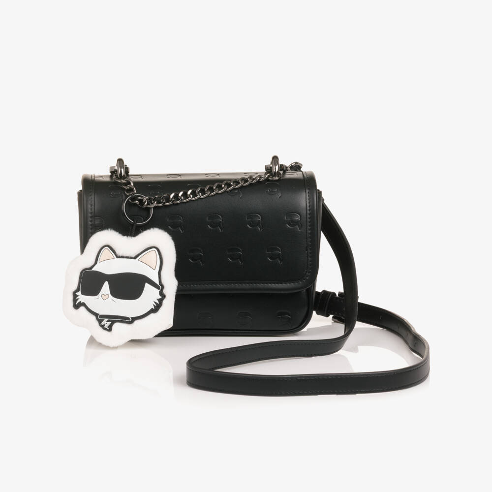 KARL LAGERFELD KIDS-Girls Black Faux Leather Handbag with Embossed Logos (19cm) | Childrensalon