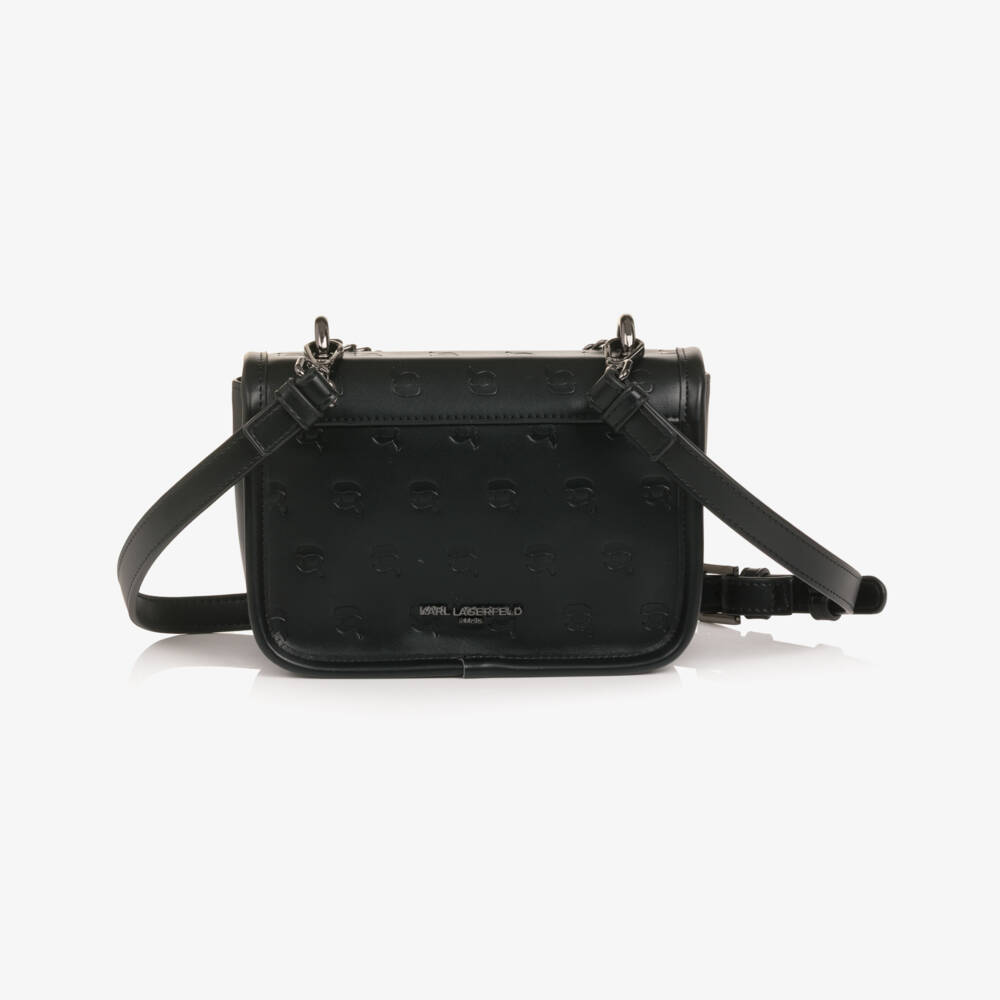 KARL LAGERFELD KIDS-Girls Black Faux Leather Handbag with Embossed Logos (19cm) | Childrensalon