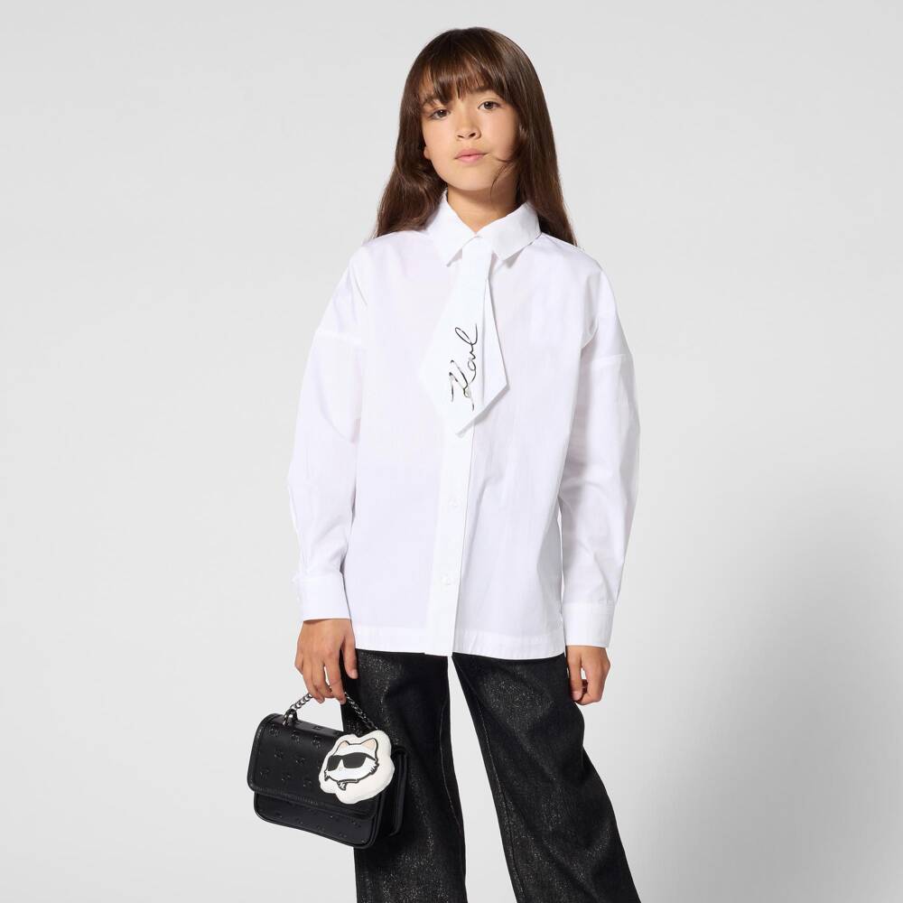 KARL LAGERFELD KIDS-Girls Black Faux Leather Handbag with Embossed Logos (19cm) | Childrensalon