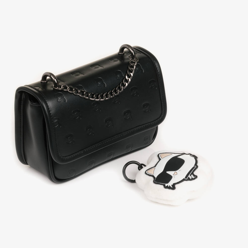KARL LAGERFELD KIDS-Girls Black Faux Leather Handbag with Embossed Logos (19cm) | Childrensalon