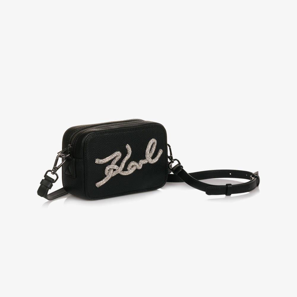KARL LAGERFELD KIDS-Girls Black Faux Leather Karl Signature Logo Bag (17cm) | Childrensalon