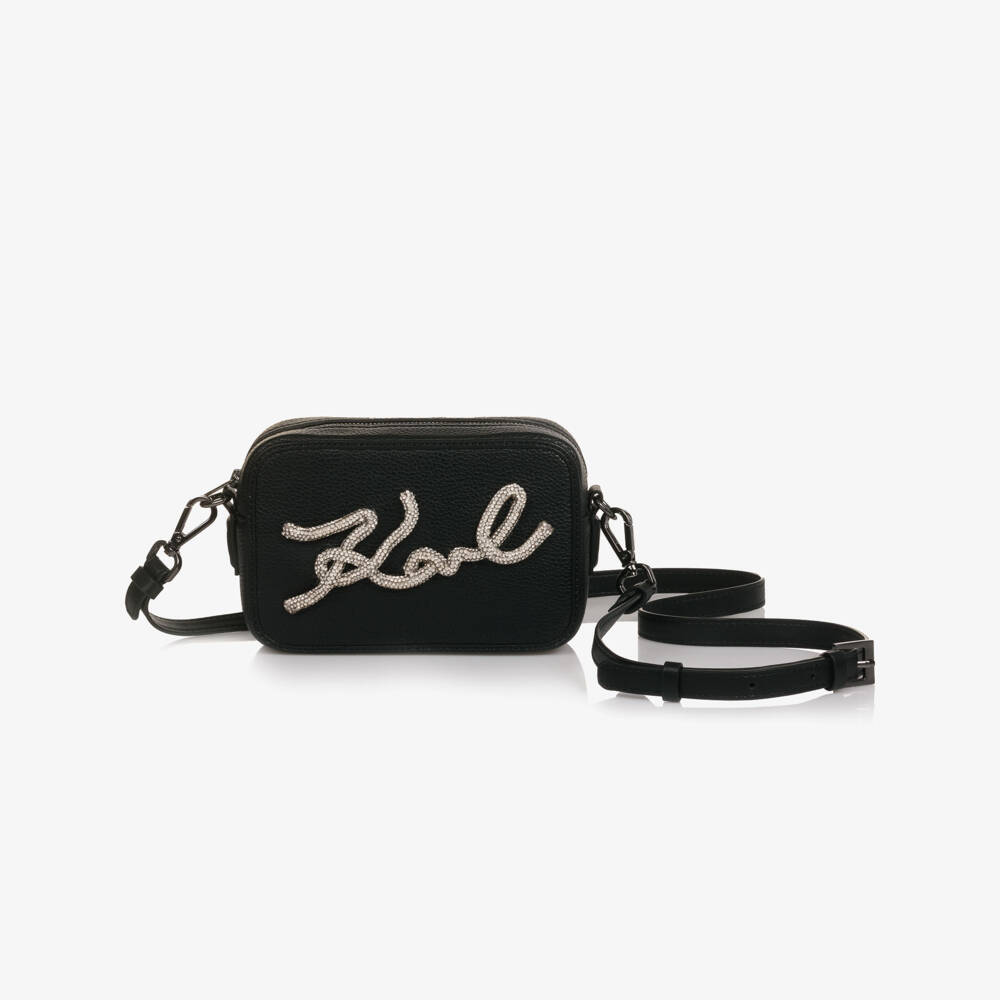 KARL LAGERFELD KIDS-Girls Black Faux Leather Karl Signature Logo Bag (17cm) | Childrensalon