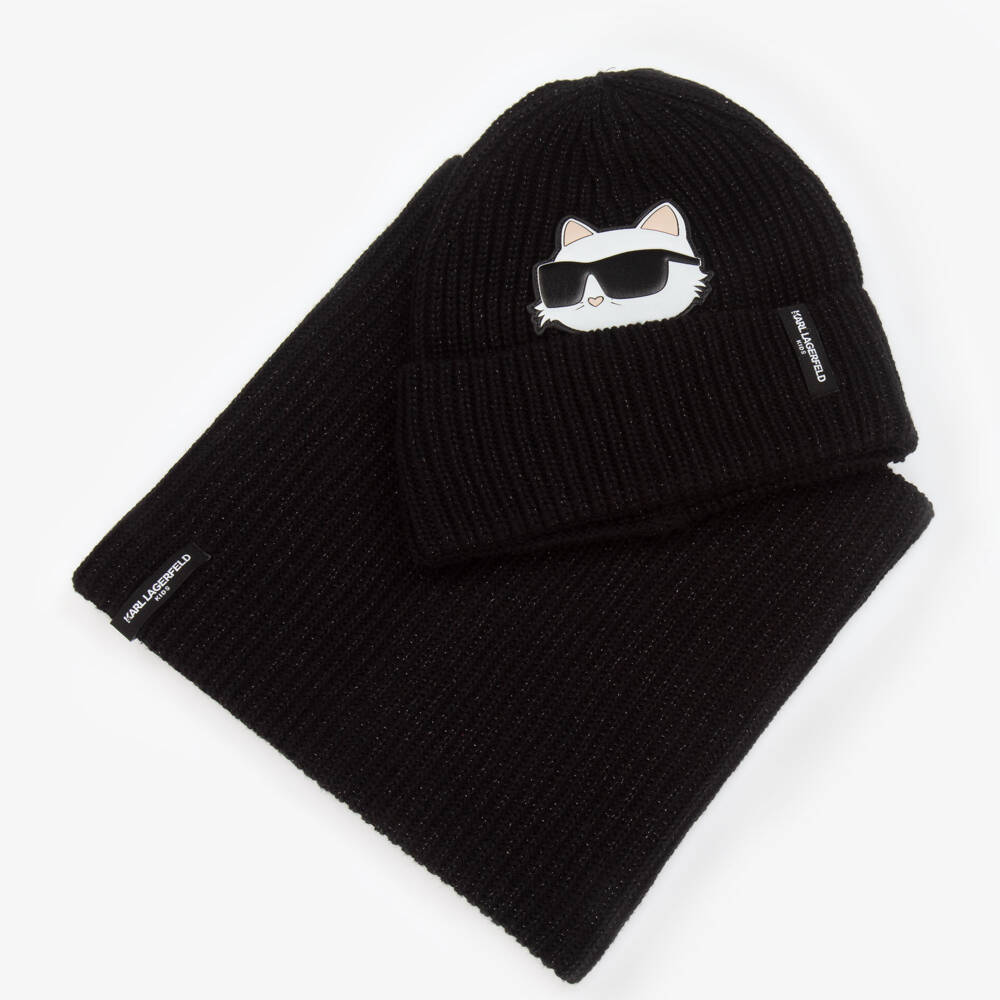KARL LAGERFELD KIDS-Girls Black Knitted Choupette Hat & Snood Set | Childrensalon