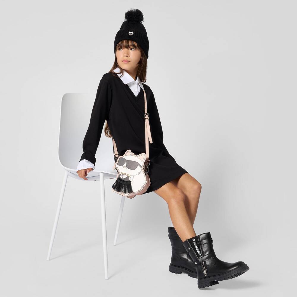 KARL LAGERFELD KIDS-Girls Black Milano Jersey Dress with Poplin Collar | Childrensalon