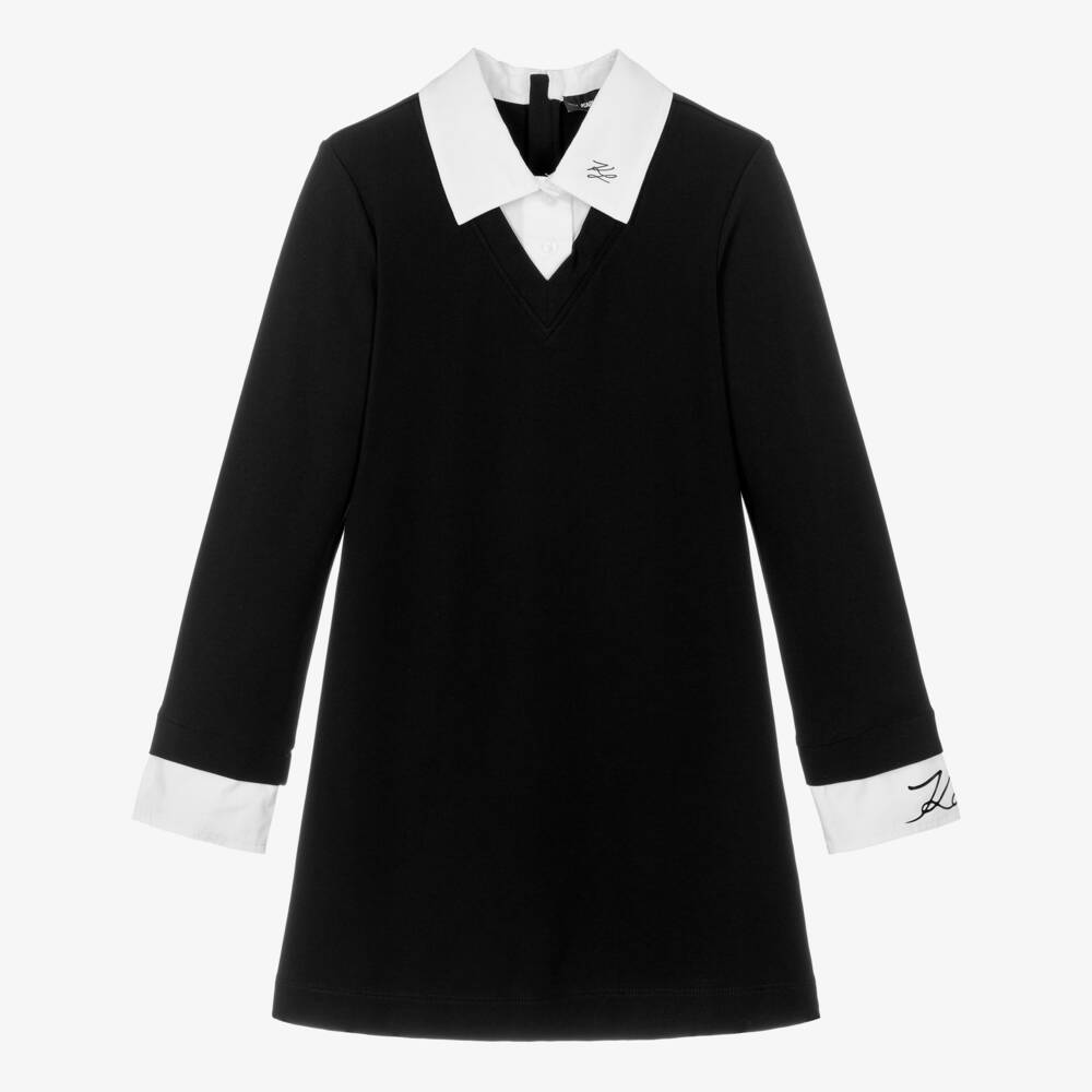 KARL LAGERFELD KIDS-Girls Black Milano Jersey Dress with Poplin Collar | Childrensalon