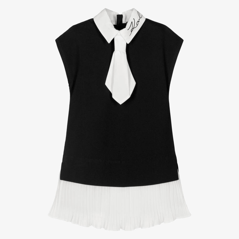 KARL LAGERFELD KIDS-Girls Black Milano Jersey & White Pleated Crêpe Dress   | Childrensalon