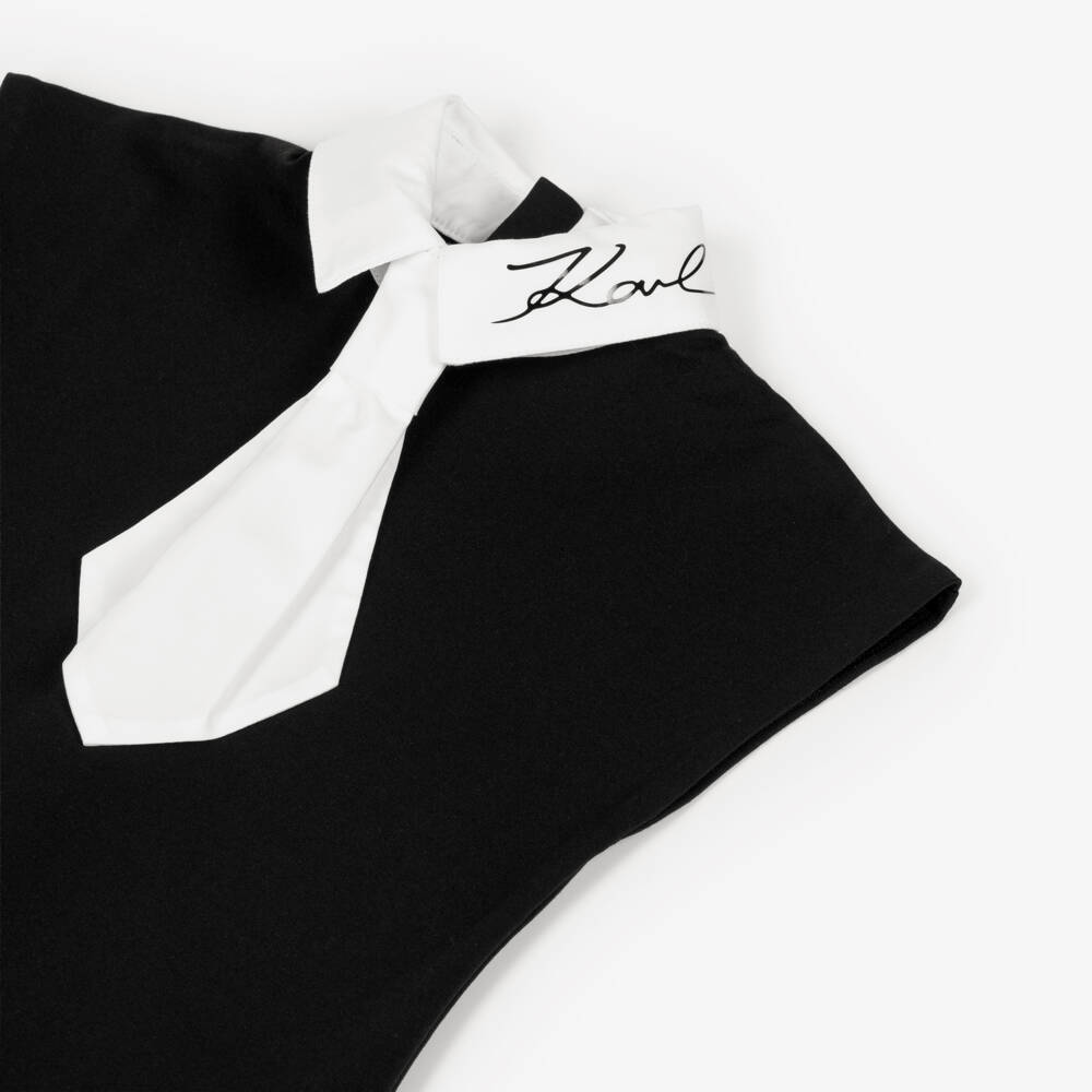 KARL LAGERFELD KIDS-Платье черное из миланского трикотажа и белого крепа плиссе для девочек | Childrensalon