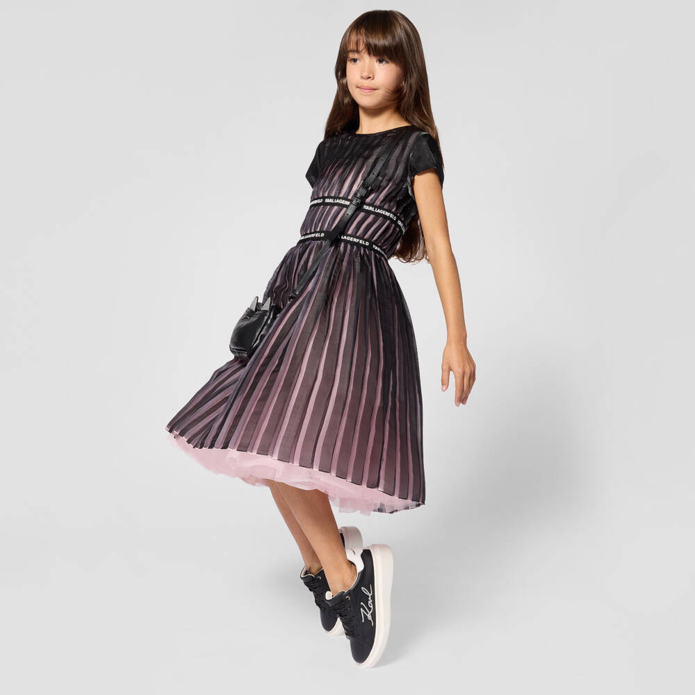 KARL LAGERFELD KIDS-Girls Black & Pink Pleated Organza Dress | Childrensalon