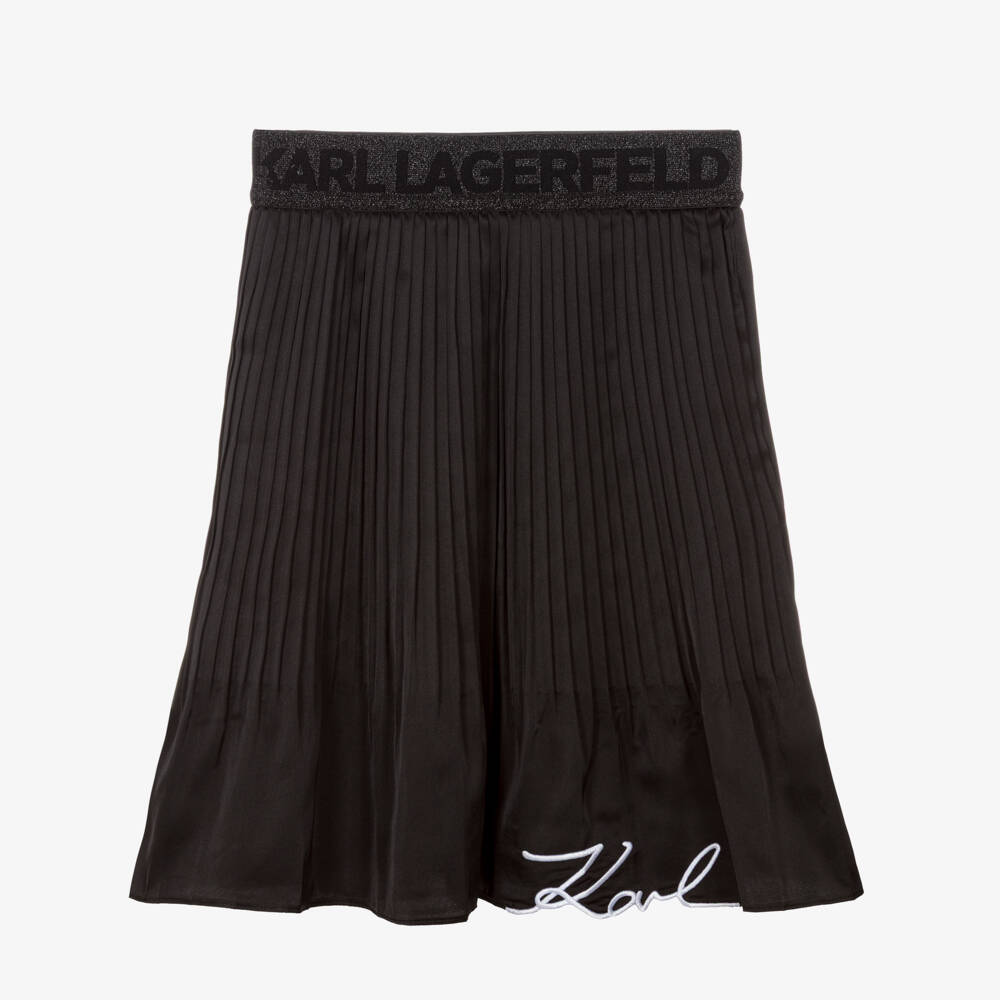 KARL LAGERFELD KIDS-Girls Black Pleated Satin Skirt with Embroidered Logo | Childrensalon