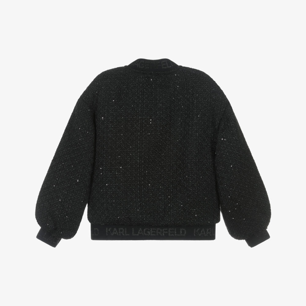 KARL LAGERFELD KIDS-Girls Black Sequinned Tweed Bomber Jacket | Childrensalon