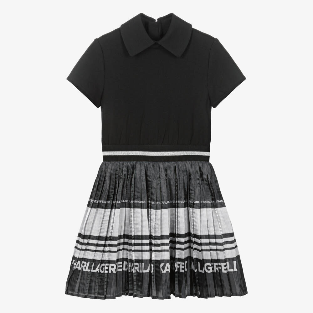 KARL LAGERFELD KIDS-Girls Black & Silver Pleated Logo Dress | Childrensalon