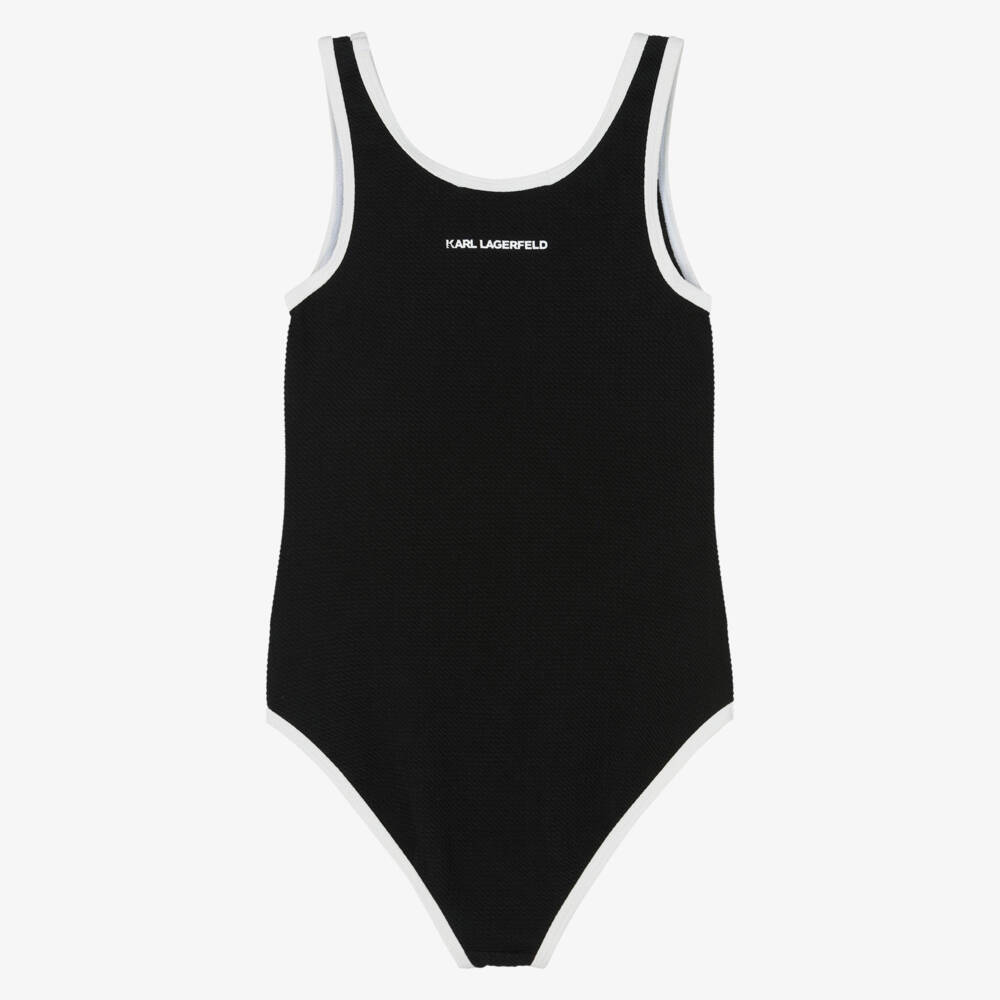 KARL LAGERFELD KIDS-Girls Black Swimsuit with White Logo Print & Contrast Trim | Childrensalon