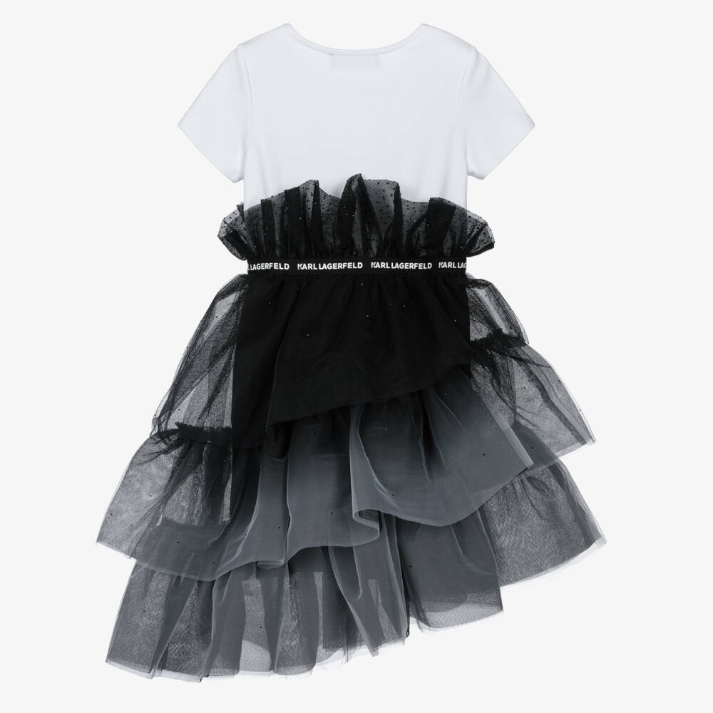 KARL LAGERFELD KIDS-Girls Black & White Asymmetric Tulle Dress | Childrensalon