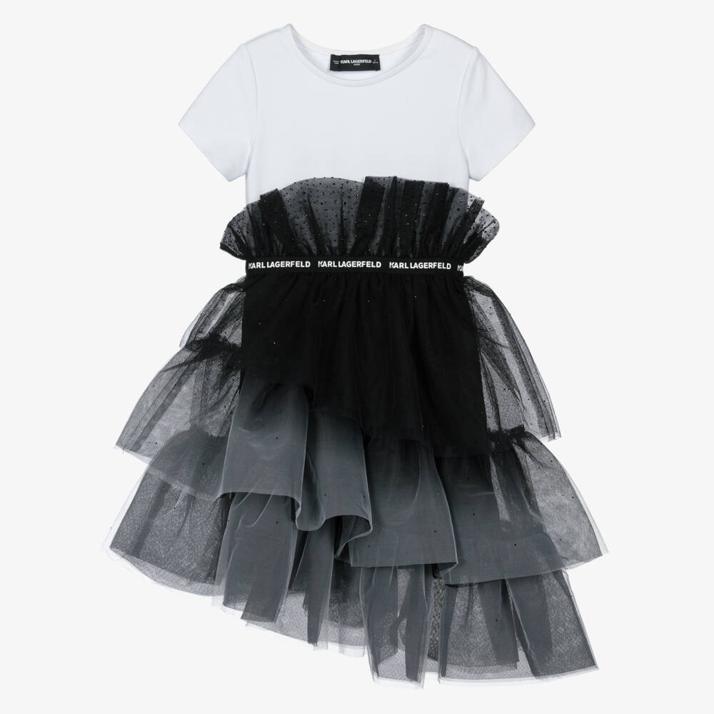 KARL LAGERFELD KIDS-Girls Black & White Asymmetric Tulle Dress | Childrensalon