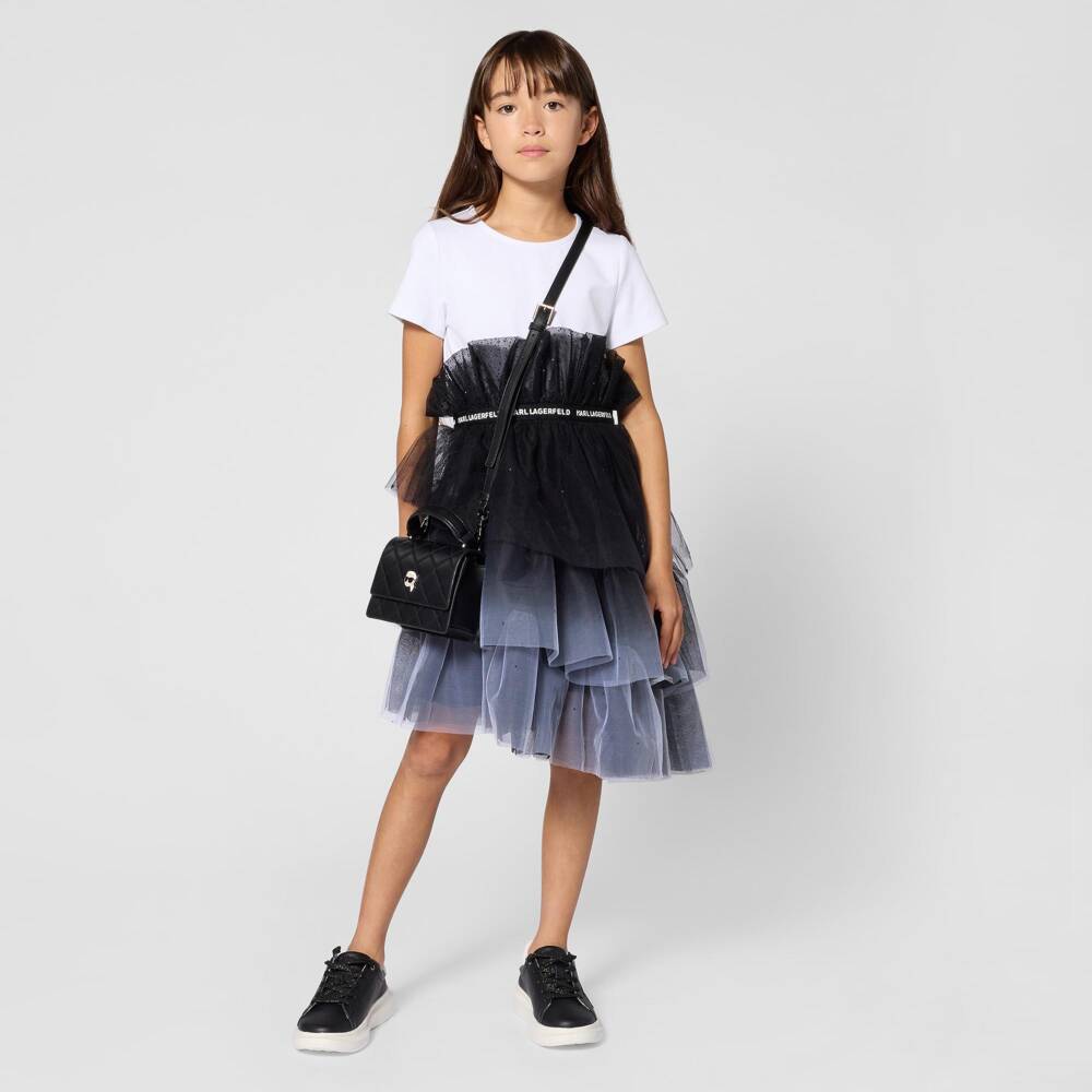 KARL LAGERFELD KIDS-Girls Black & White Asymmetric Tulle Dress | Childrensalon