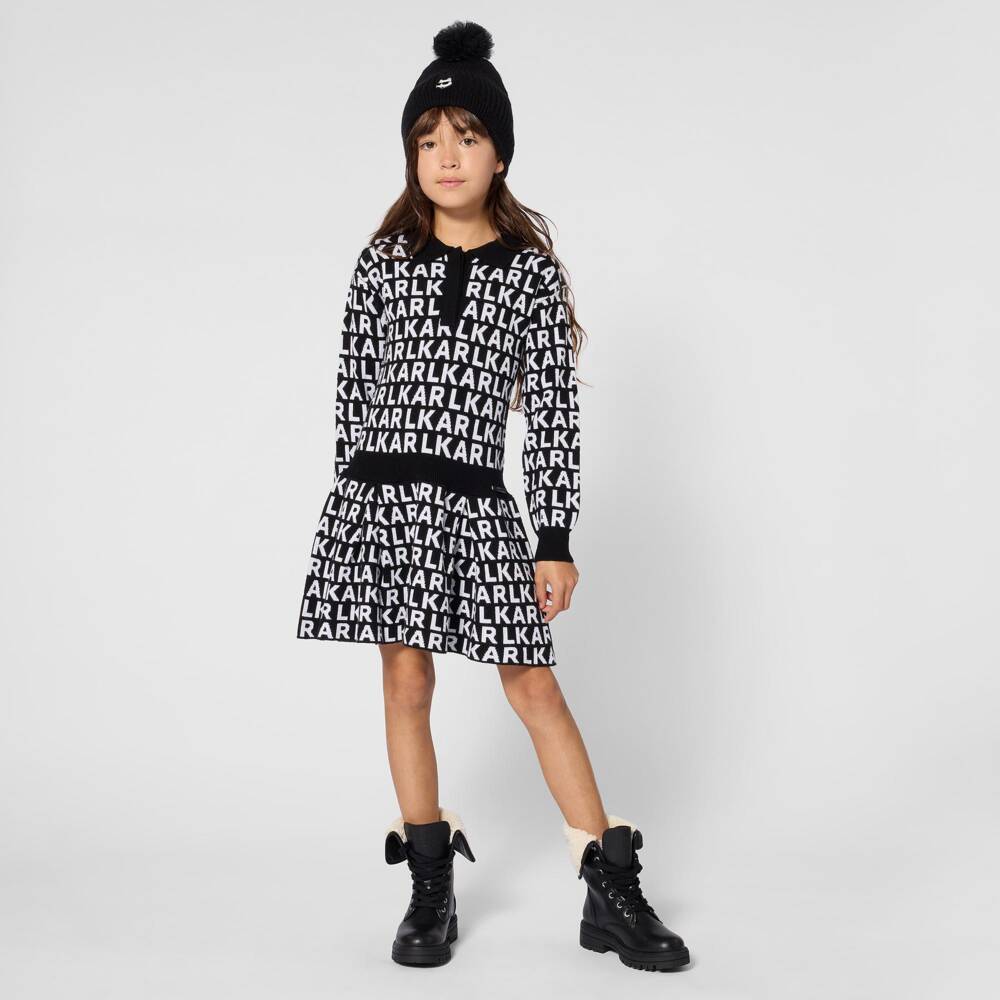 KARL LAGERFELD KIDS-Girls Black & White Knitted Dress with Logo Design | Childrensalon