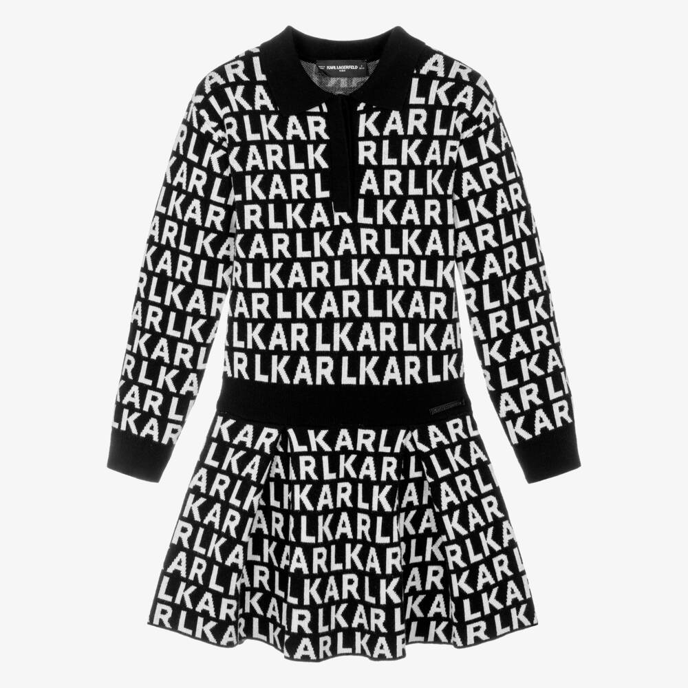 KARL LAGERFELD KIDS-Girls Black & White Knitted Dress with Logo Design | Childrensalon