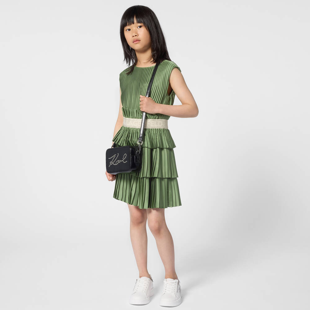 KARL LAGERFELD KIDS-فستان ساتان بكسرات لون أخضر للبنات | Childrensalon