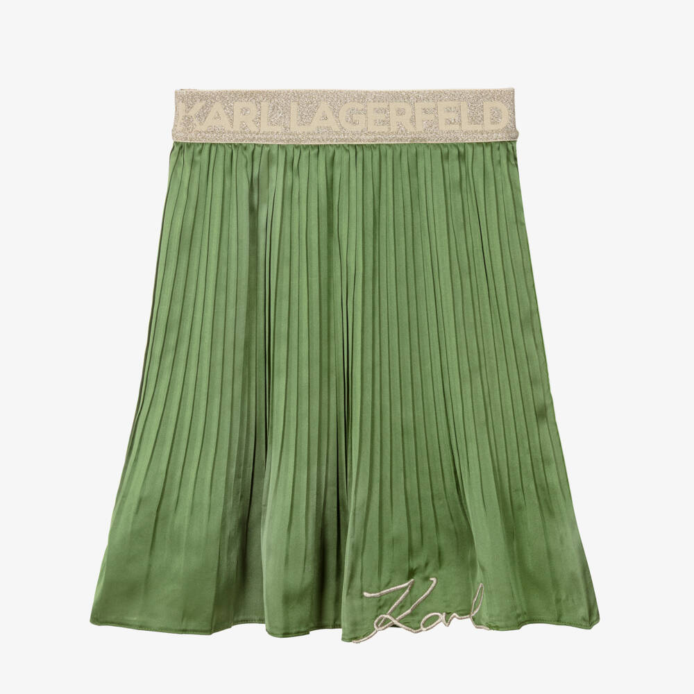 KARL LAGERFELD KIDS-Girls Green Pleated Satin Skirt with Embroidered Logo | Childrensalon
