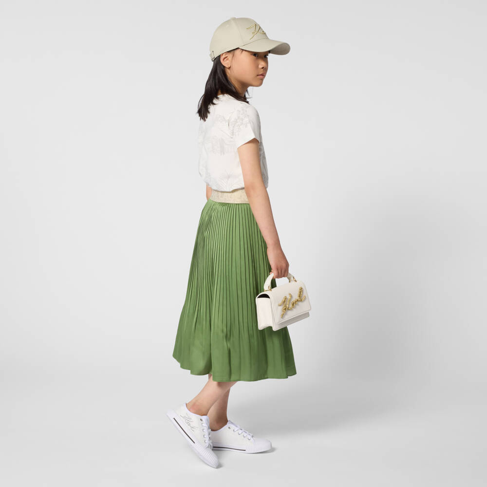 KARL LAGERFELD KIDS-Юбка зеленая атласная плиссе с вышитым логотипом для девочек | Childrensalon