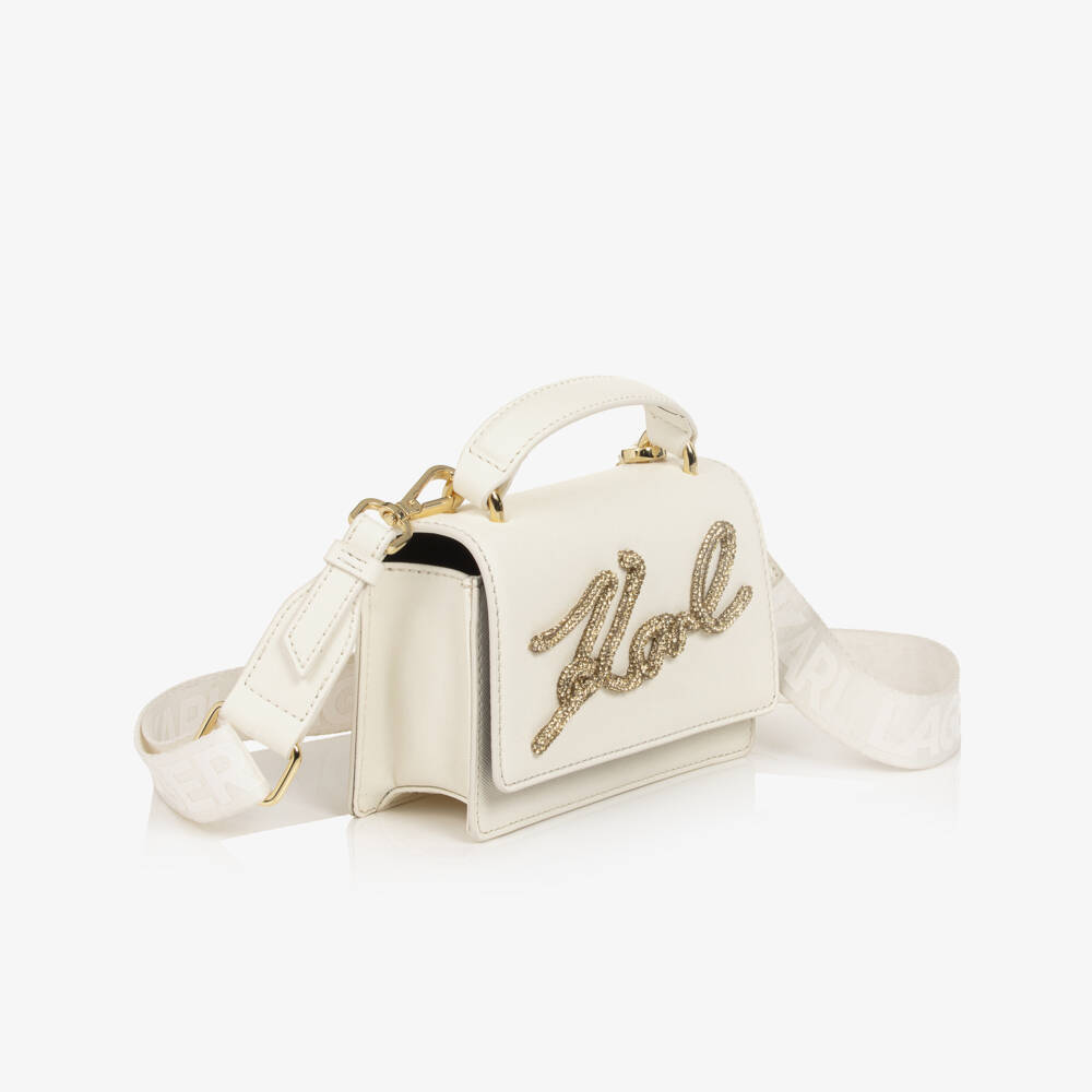 KARL LAGERFELD KIDS-Girls Ivory Bag with Rhinestone Signature Logo (17cm) | Childrensalon