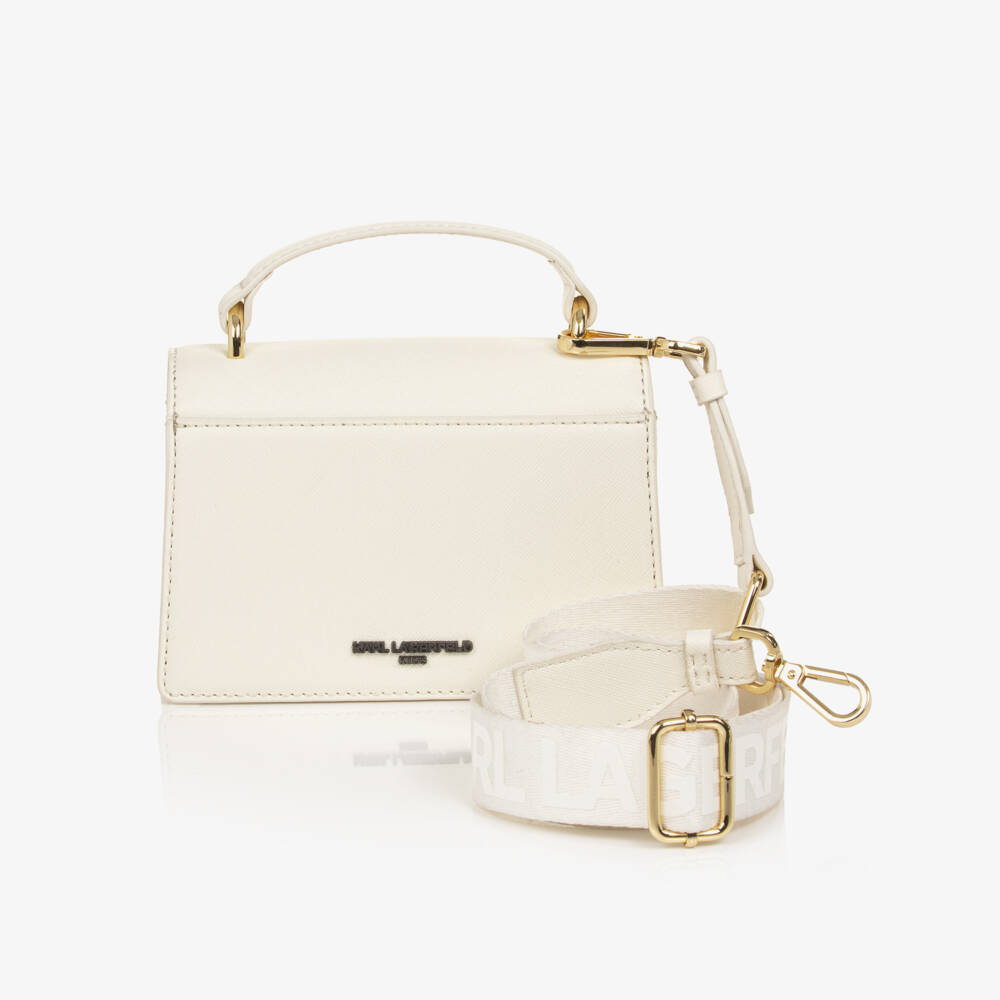 KARL LAGERFELD KIDS-Girls Ivory Bag with Rhinestone Signature Logo (17cm) | Childrensalon
