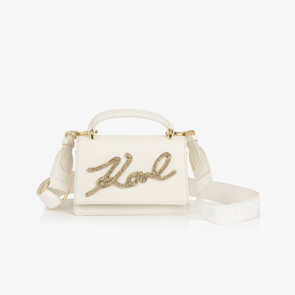 KARL LAGERFELD KIDS-Girls Ivory Bag with Rhinestone Signature Logo (17cm) | Childrensalon