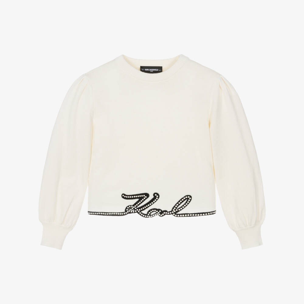 KARL LAGERFELD KIDS-Girls Ivory Knitted Sweater with Signature Logo | Childrensalon